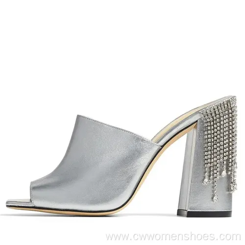 Silver Crystal Mule Heels for Women